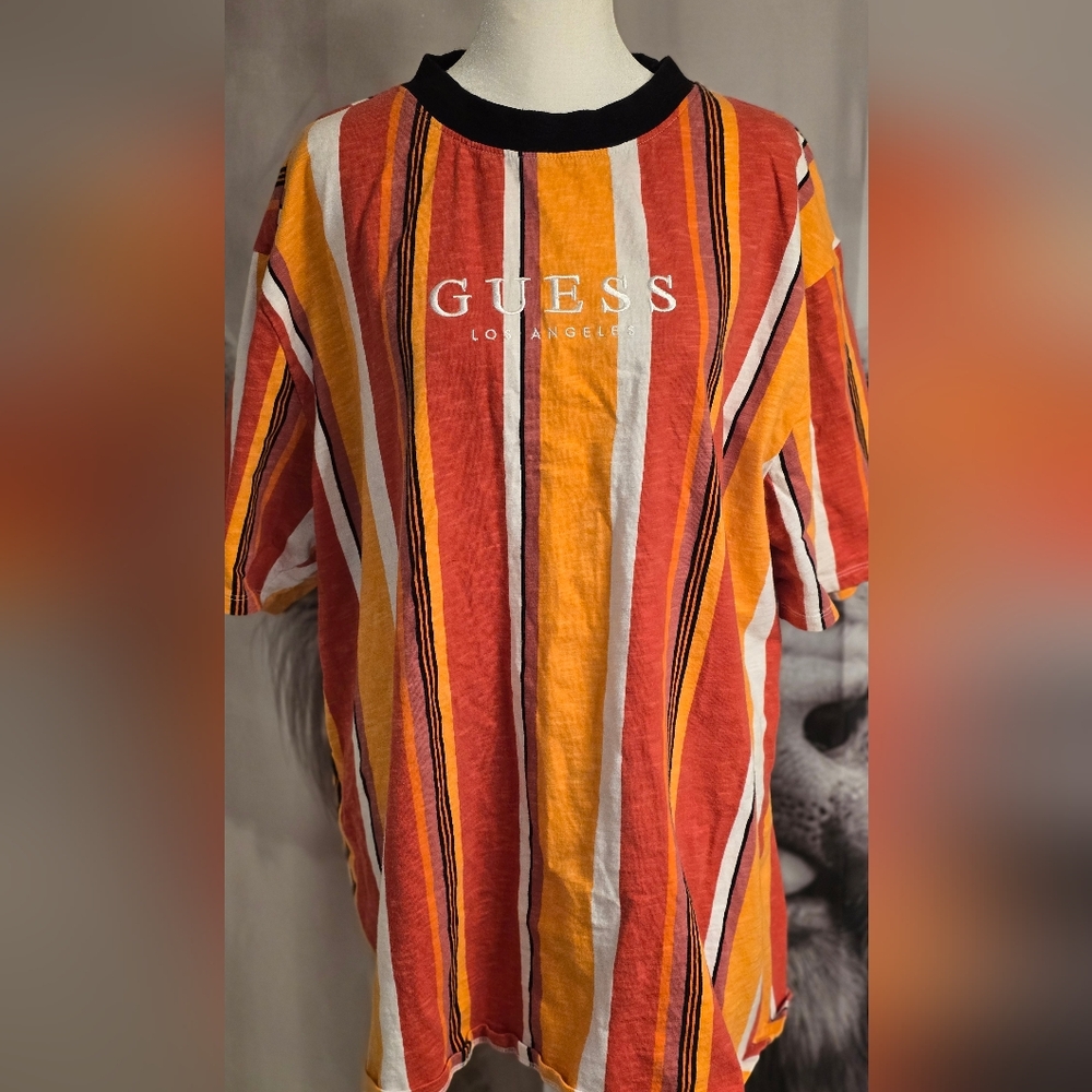 Guess Striped T-Shirt in Red and Orange XL